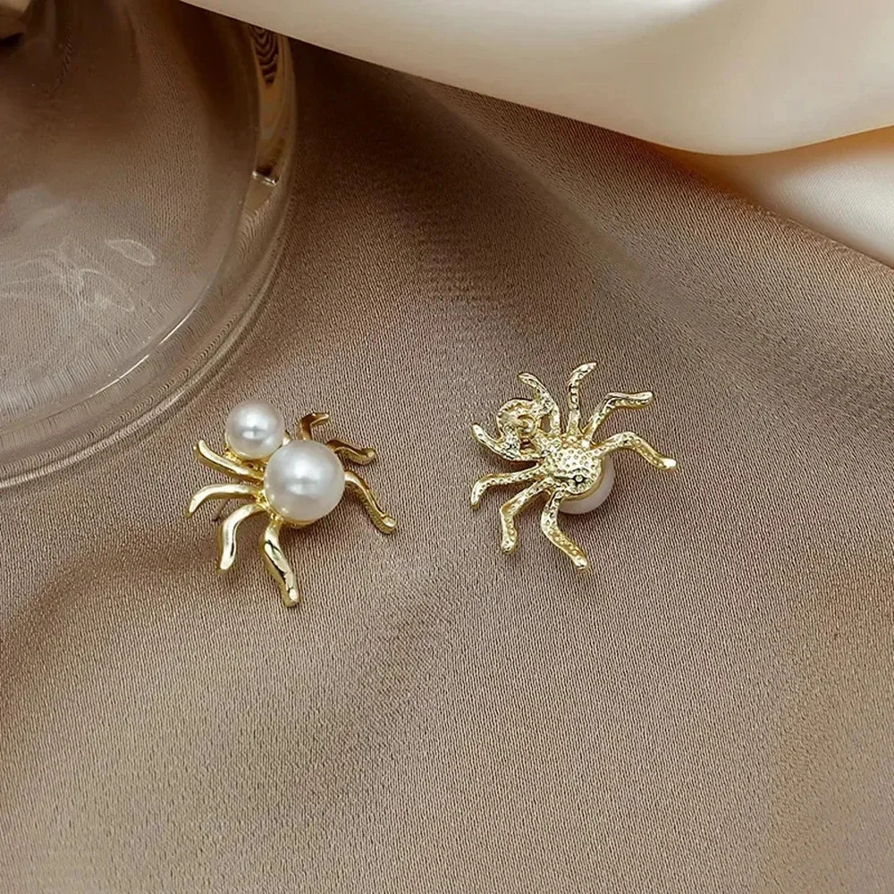Faux Pearl Halloween Spider Earrings Personalized Creative Gold Tone - Picture 4 of 5